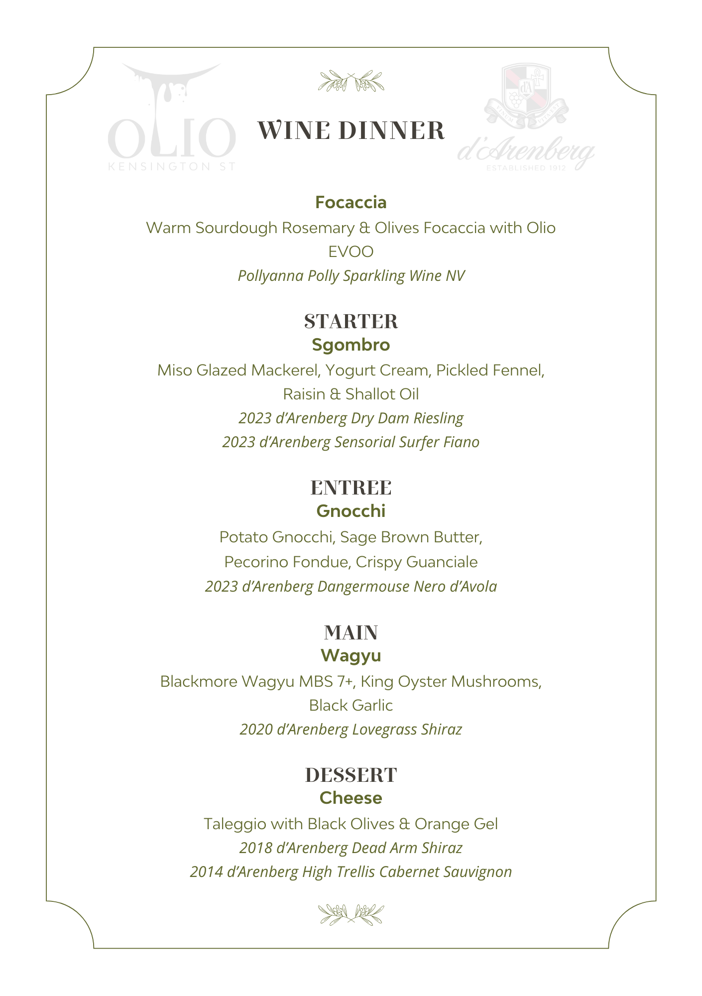 Wine Dinner menu d'Arenberg